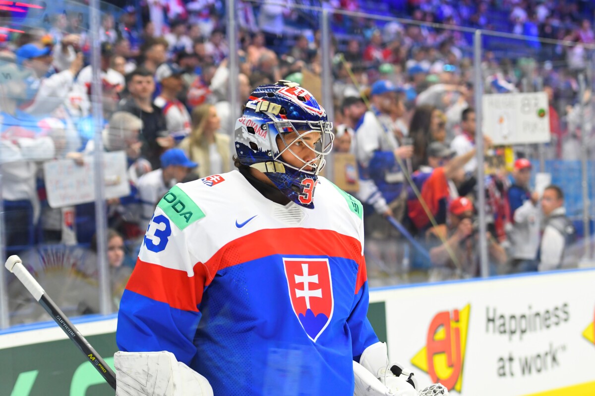 Slovenský brankár počas zápasu základnej B-skupiny Slovensko - Kazachstan